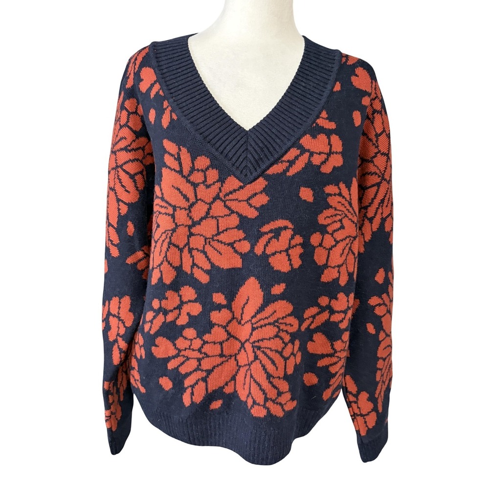 Garnet Hill Sweater Womens S Blue Floral Pima Cotton Alpaca V Neck Knit